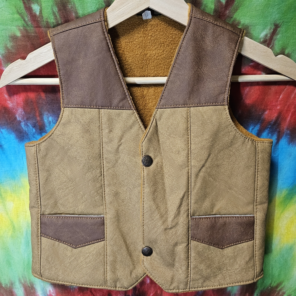 Vintage Kids 80's Full Leather Sherpa-Lined Vest Size 6 - Picture 1 of 11